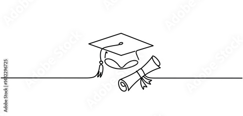 Graduation Cap and Diploma Continuous Line Art Illustration