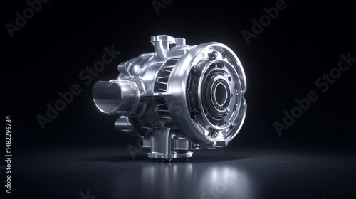 High-quality rendering of a modern turbocharger on a dark background.
