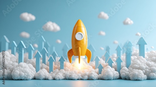 A yellow rocket takes off, propelling upward through a cloud of smoke and amidst upward-pointing arrows. The scene evokes themes of growth, innovation, and ambition.
