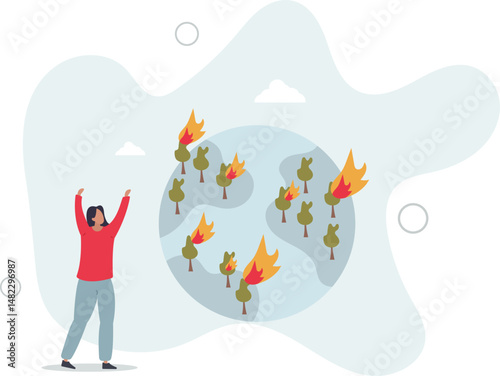 climate change concept.Character showing natural disaster, such as wildfire. character life .