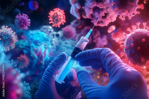 A medical illustration showcasing a syringe and viral particles illustrating vaccination against infectious diseases. photo