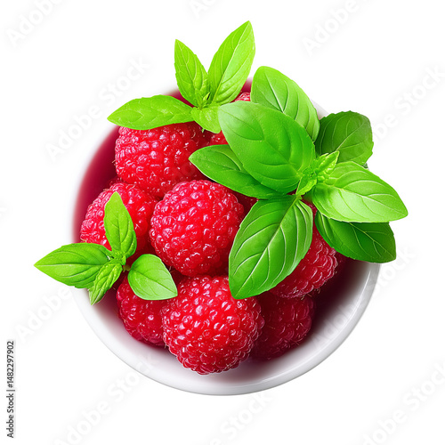 Fresh raspberries with basil leaves in a white bowl