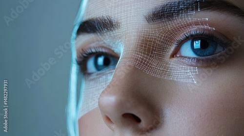 Cyber security symbols overlaid on a woman's face as her biometric data is scanned for identity verification. 