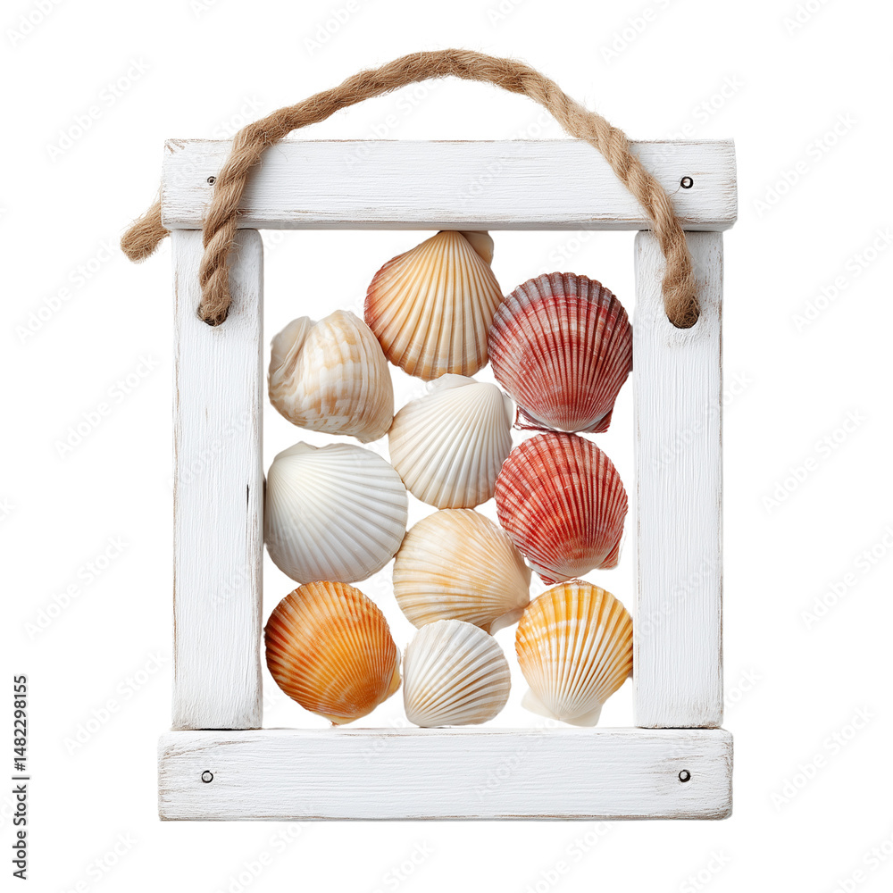 Decorative wooden frame with seashells isolated on white