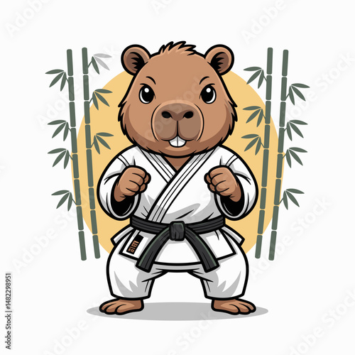 Cartoon capybara in karate costume vector illustration