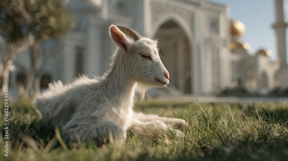 Fototapeta premium Young goat resting in grassy area near a mosque.