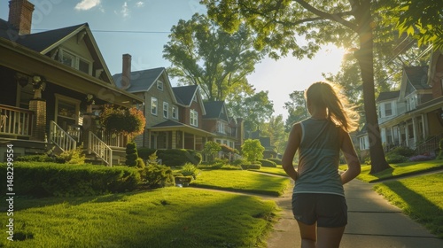 Jogging through a peaceful neighborhood at sunset with a serene atmosphere and lush gardens