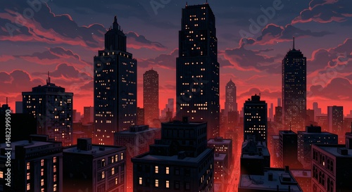 Dramatic Sunset Sky Over a Cityscape Illustration