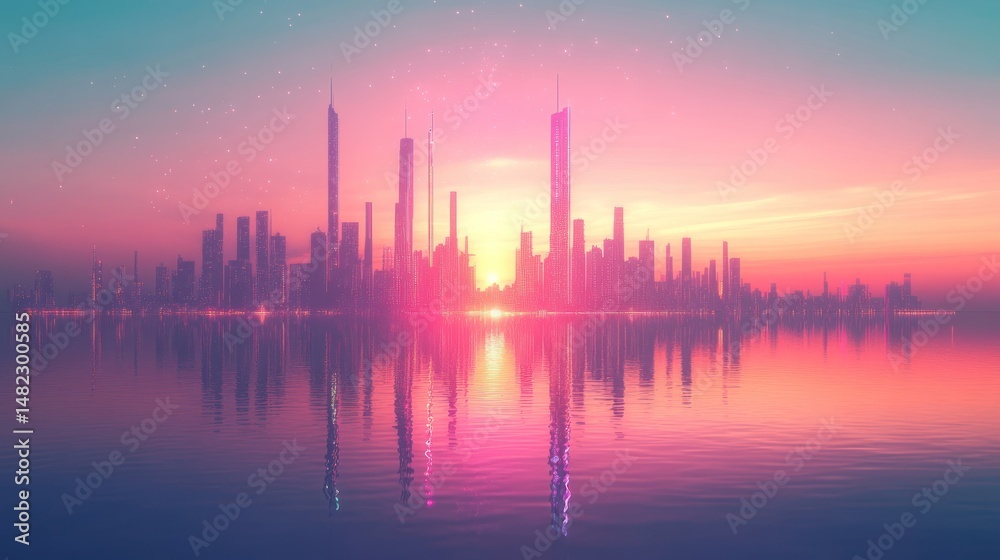 Fototapeta premium Futuristic city skyline reflected on water at sunset