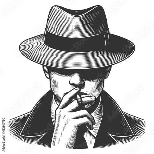 mysterious gangster in a pinstripe suit and fedora sketch engraving generative ai fictional character vector illustration. Scratch board imitation. Black and white image.