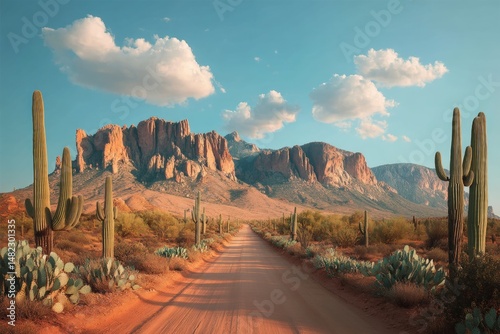 A dusty desert road lined with tall cacti leads toward rugged mountains under a bright blue sky with scattered clouds.