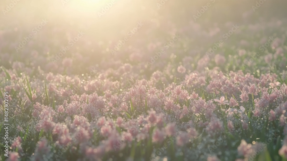 Fototapeta premium Field of delicate pink flowers at dawn