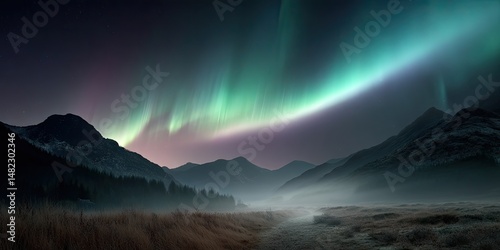 A stunning display of the aurora borealis flowing over a dark mountain valley, the sky above crystal clear, and a subtle ground mist, all captured with cinematic photography and realistic lighting. 