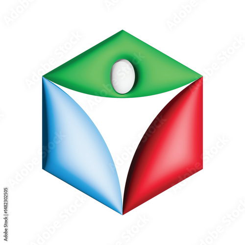 A vibrant, geometric design featuring a stylized person icon nestled within a hexagonal shape.