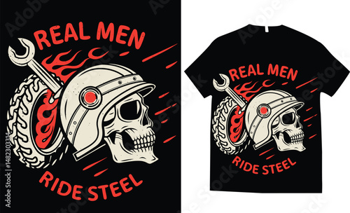 Motorcycle-themed skull helmet with crossed pistons and rebel rider elements,  engine parts, wings, and flames, the composition evokes fire, speed, and power, t-shirt design vector illustration.