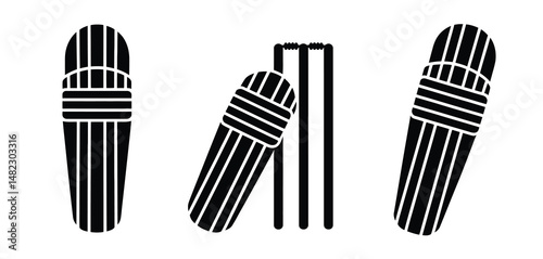 Cricket Wicket and Pads Icon Set Black Silhouette
