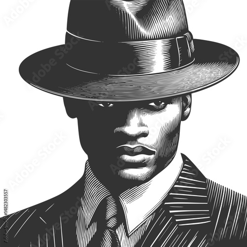African-American gangster man in a suit, tie, and fedora hat sketch engraving generative ai fictional character vector illustration. Scratch board imitation. Black and white image.