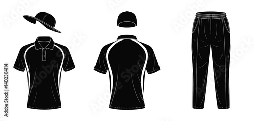 Cricket Uniform Design Template Black Polo Shirt, Pants, Hat and Cap