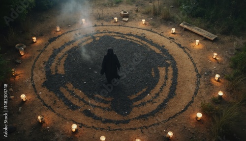 A person in a dark hooded cloak stands inside a ritual circle made of black ash and surrounded by candles in a forest clearing with smoke rising into the air