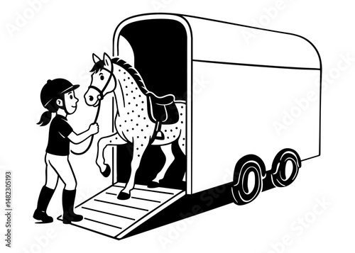 Girl leading a horse into a trailer for transportation