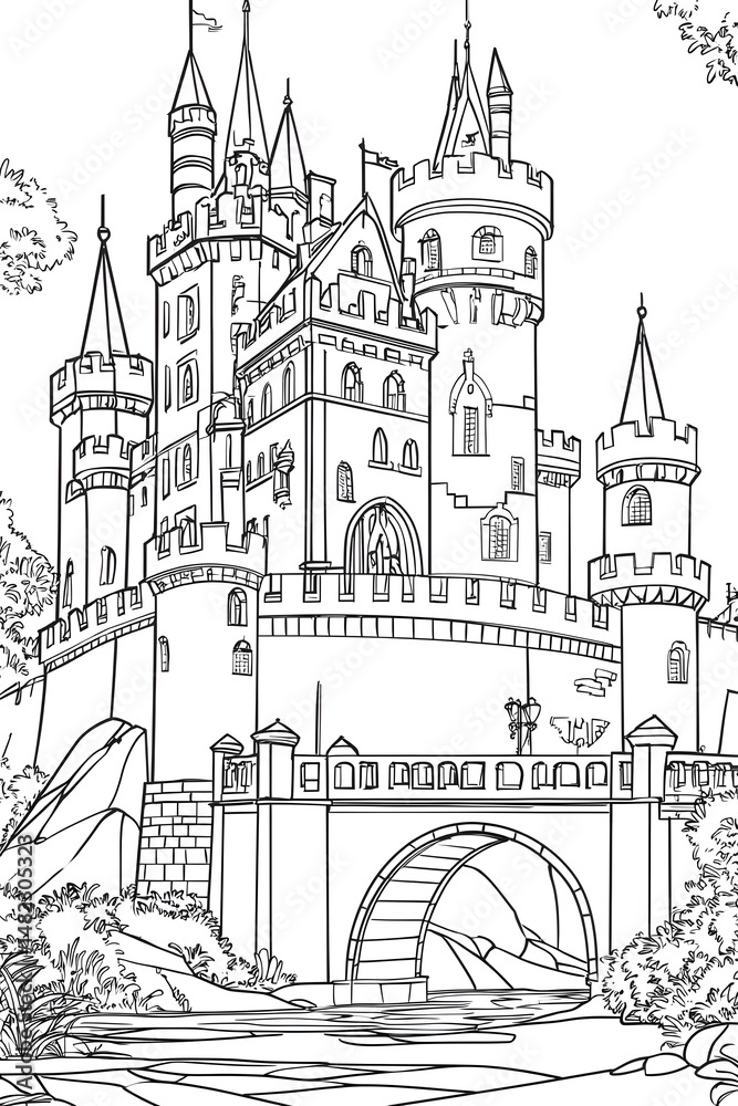 Obraz premium Castle surrounded by trees with bridge and water features Generative AI