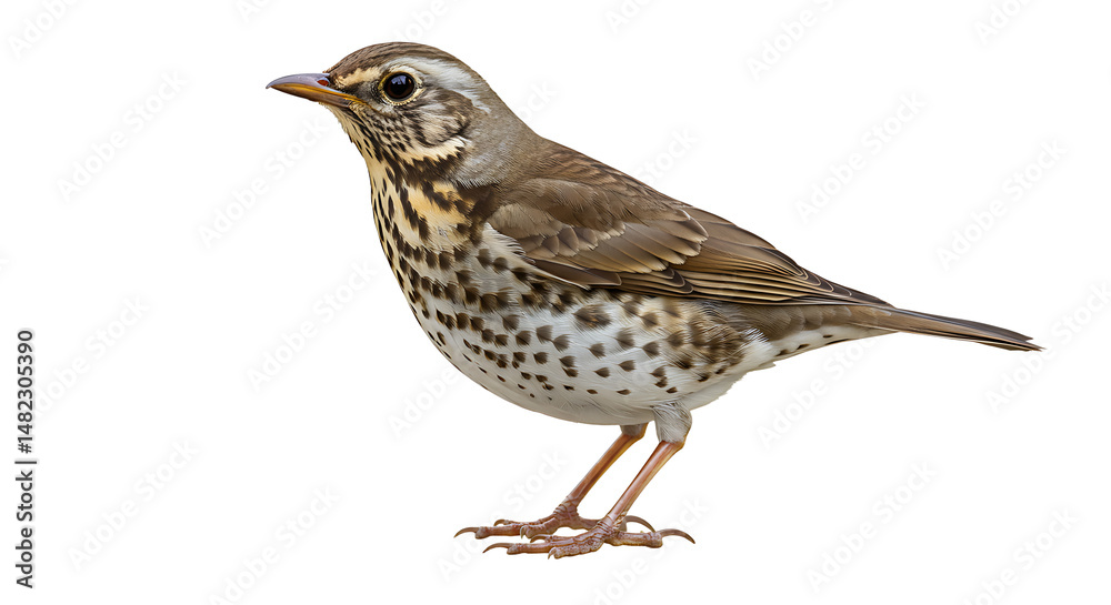 Naklejka premium Isolated song thrush stands gracefully against a stark white background