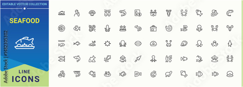 Seafood icon collection. Fish Fry simple icon set. Minimalist icons pack. Includes symbols for fishing, sea, food, cooking,  soup, grilled, fish fry and more. Editable stroke. Vector collection.