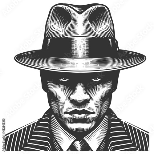 mysterious gangster in a pinstripe suit and fedora sketch engraving generative ai fictional character vector illustration. Scratch board imitation. Black and white image.