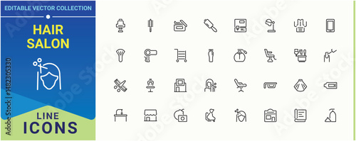 Hair Salon simple icon set. It contains symbols to beauty, barbers, hairstyle, hair barber and more. Salon icon set. Thin line icons set. Editable stroke. Vector collection.
