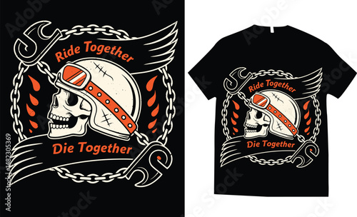 Motorcycle-themed skull helmet with crossed pistons and rebel rider elements,  engine parts, wings, and flames, the composition evokes fire, speed, and power, t-shirt design vector illustration.