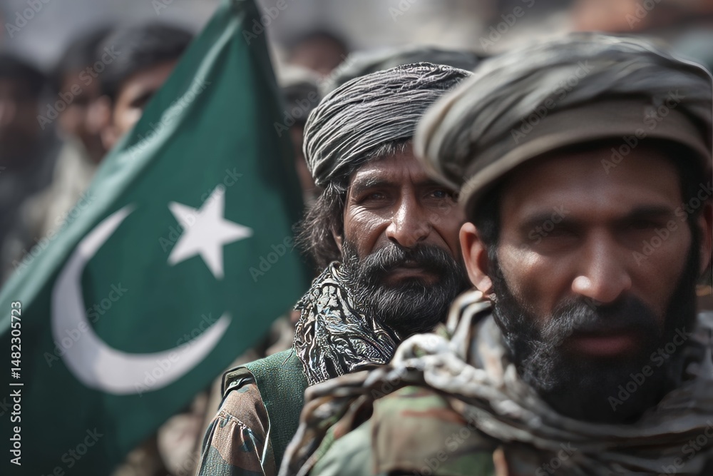 Fototapeta premium Gathering of individuals displaying a Pakistani flag in a rural environment during the afternoon.