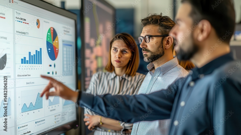 Three professionals analyzing data charts on a large screen during a business meeting Three professionals analyzing data charts on a large screen during a business meeting