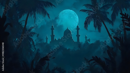 Mosque Silhouette Under Moonlit Palms