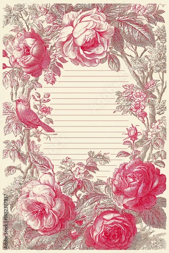 Wallpaper Mural Elegant ink-colored toile de Jouy frame border with vintage floral pattern, perfect for classic designs, wallpapers, fabric prints, and ornate decorations. Torontodigital.ca