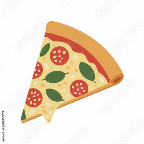 Flat Vector Illustration of Pizza Slice with Basil and Cheese