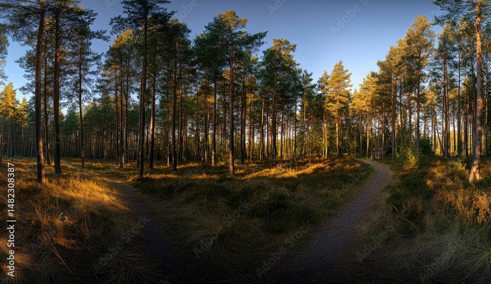Golden hour path through pine forest Golden hour path through pine forest
