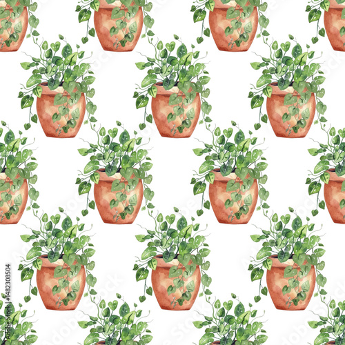 Seamless pattern of potted green houseplants in terracotta pots. Perfect for home decor, fabric, packaging, gardening designs, and eco-themed projects. Fresh and hand-painted.