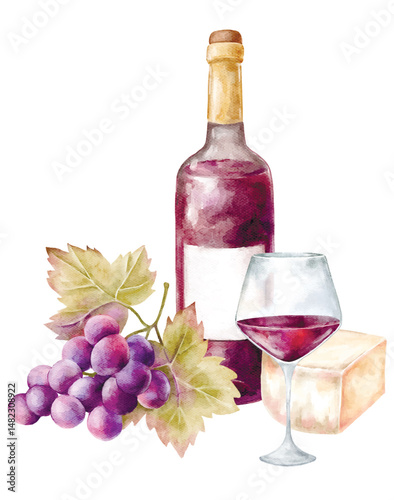 Vertical watercolor artwork of a standing wine bottle embraced by lush grape clusters and vine leaves. Ideal for narrow label designs, banners, or editorial layouts needing refined wine imagery.