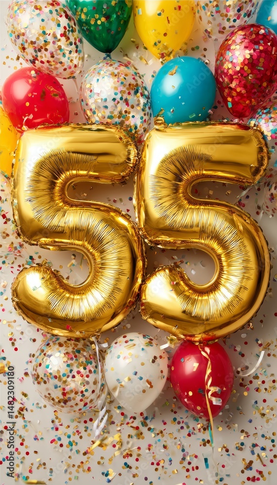 Fototapeta premium Golden Number 55 Balloons With Festive Colorful Balloons And Confetti For 55th Birthday Celebration