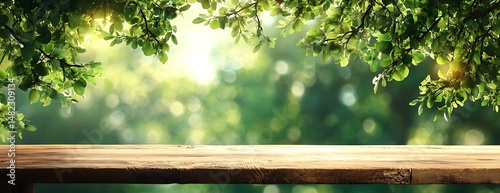 Sunny park wood table background
