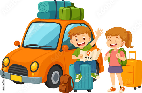 Two happy kids preparing for a trip with an orange car and luggage. Cute cartoon travel scene with joyful summer mood