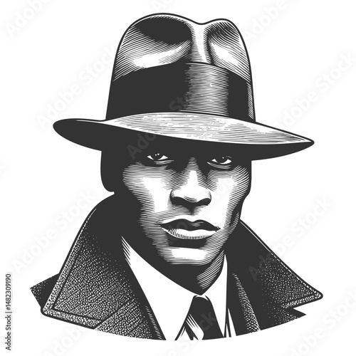 African-American gangster man in a suit, tie, and fedora hat sketch engraving generative ai fictional character vector illustration. Scratch board imitation. Black and white image.
