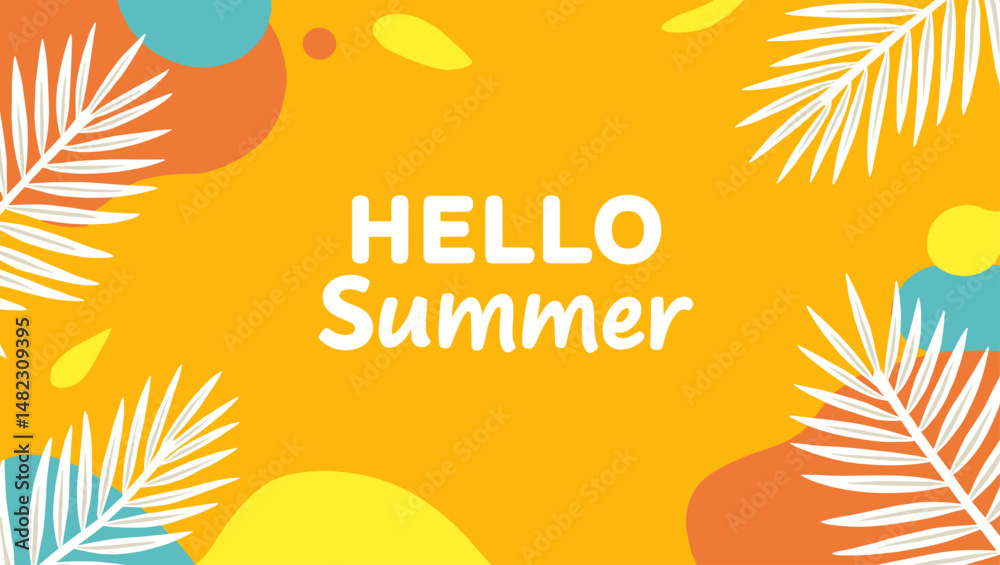 custom made wallpaper toronto digitalHello Summer text in a modern horizontal layout with abstract background and white tropical leaves. Bright orange theme for seasonal projects
