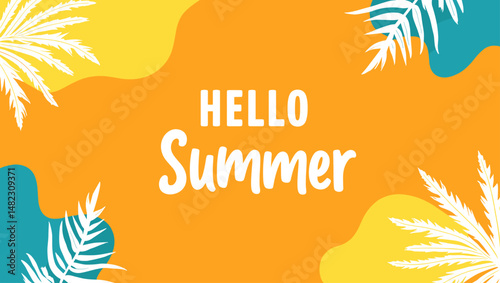 Wallpaper Mural Stylized Hello Summer horizontal design with tropical leaves and abstract yellow-blue shapes. Fun and modern summer vector Torontodigital.ca