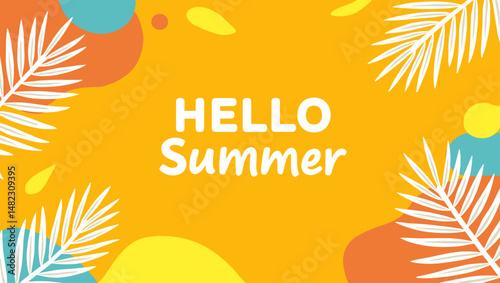 Hello Summer text in a modern horizontal layout with abstract background and white tropical leaves. Bright orange theme for seasonal projects