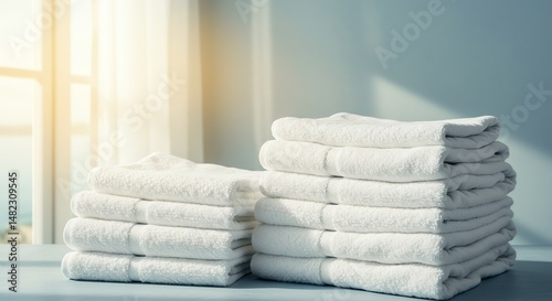 Neatly stacked white towels in sunlight
