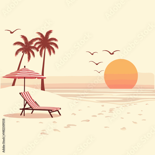 Peaceful beach scene with palm trees, sunbed, umbrella, and sunset. Minimalist tropical landscape in warm tones for summer and relaxation themes