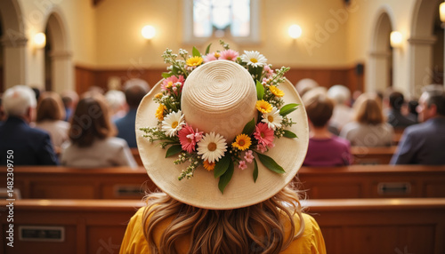 Woman in floral hat attending event in a church setting