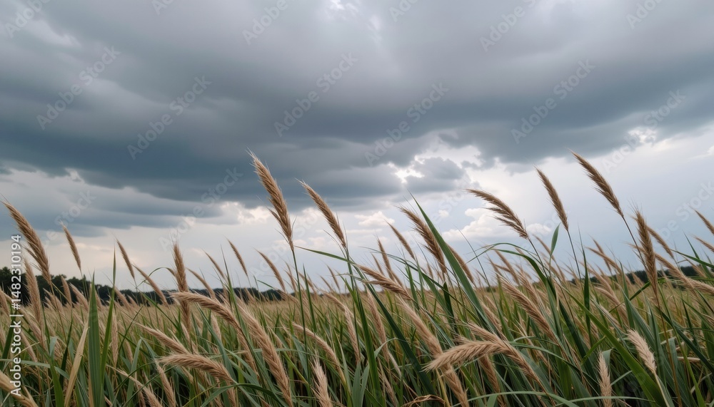 Fototapeta premium Dramatic clouds over a tall grass field.