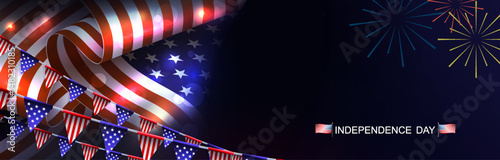 Composition with wavy silhouette of American flag with bright flashes, garland of flags.